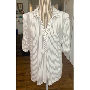 Modern Works ivory w/ black pin stripe polo style ladies short sleeve top